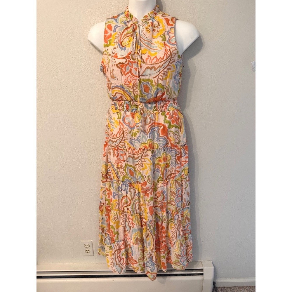 MSK Women Multicolor Paisley Floral Tiered Maxi Dress Smocked Waist Size M